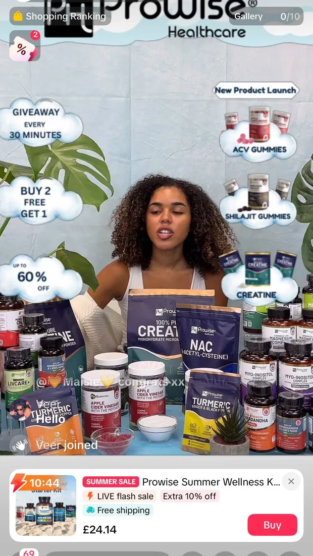 A Prowise Healthcare TikTok LIVE selling session, with the product wall and live offers on screen